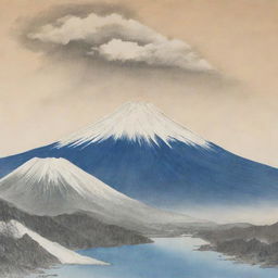 A detailed drawing of the magnificent Mt. Fuji, along with an abstract composite figure incorporated into the scene.