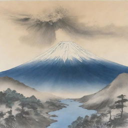 A detailed drawing of the magnificent Mt. Fuji, along with an abstract composite figure incorporated into the scene.