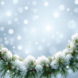 A wallpaper design featuring a beautiful fluffy pine branch at the edges, with medium-sized snowflakes falling gently around