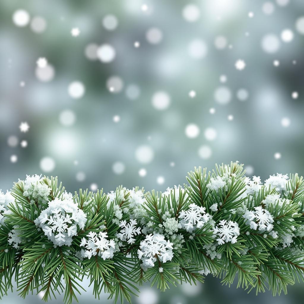 A wallpaper design featuring a beautiful fluffy pine branch at the edges, with medium-sized snowflakes falling gently around