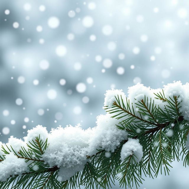 A wallpaper design featuring a beautiful fluffy pine branch at the edges, with medium-sized snowflakes falling gently around