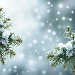 A wallpaper design featuring a beautiful fluffy pine branch at the edges, with medium-sized snowflakes falling gently around