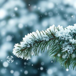 A beautiful fluffy pine branch gracefully framing the edges of the wallpaper, with medium-sized snowflakes gently falling around it