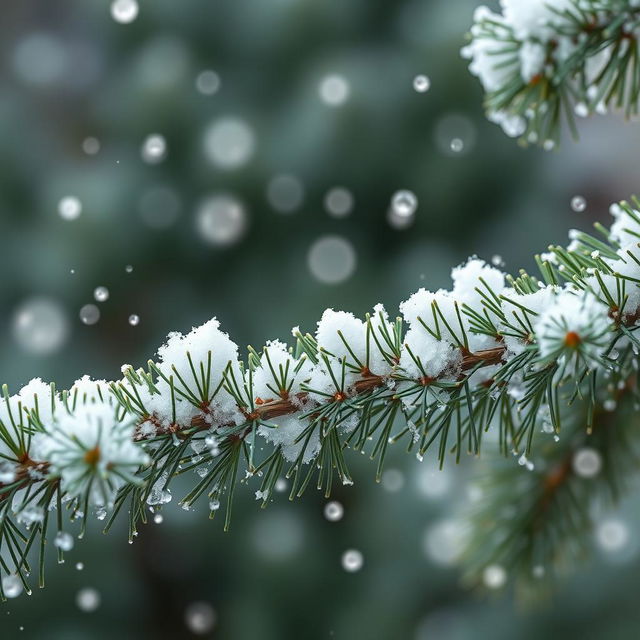 A beautiful fluffy pine branch gracefully framing the edges of the wallpaper, with medium-sized snowflakes gently falling around it