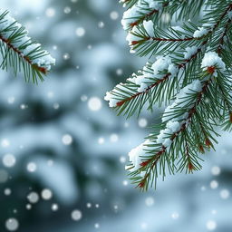 A beautiful fluffy pine branch gracefully framing the edges of the wallpaper, with medium-sized snowflakes gently falling around it