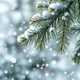 A beautiful fluffy pine branch gracefully framing the edges of the wallpaper, with medium-sized snowflakes gently falling around it