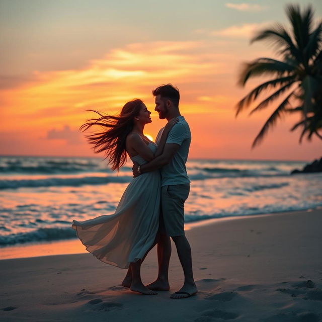 A romantic scene depicting a couple embracing on a beautiful beach during sunset