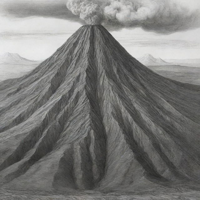 A detailed, black and white sketch of a composite volcano showing distinct stratified layers.