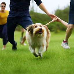 A playful dog running behind people, carrying a bone in its mouth