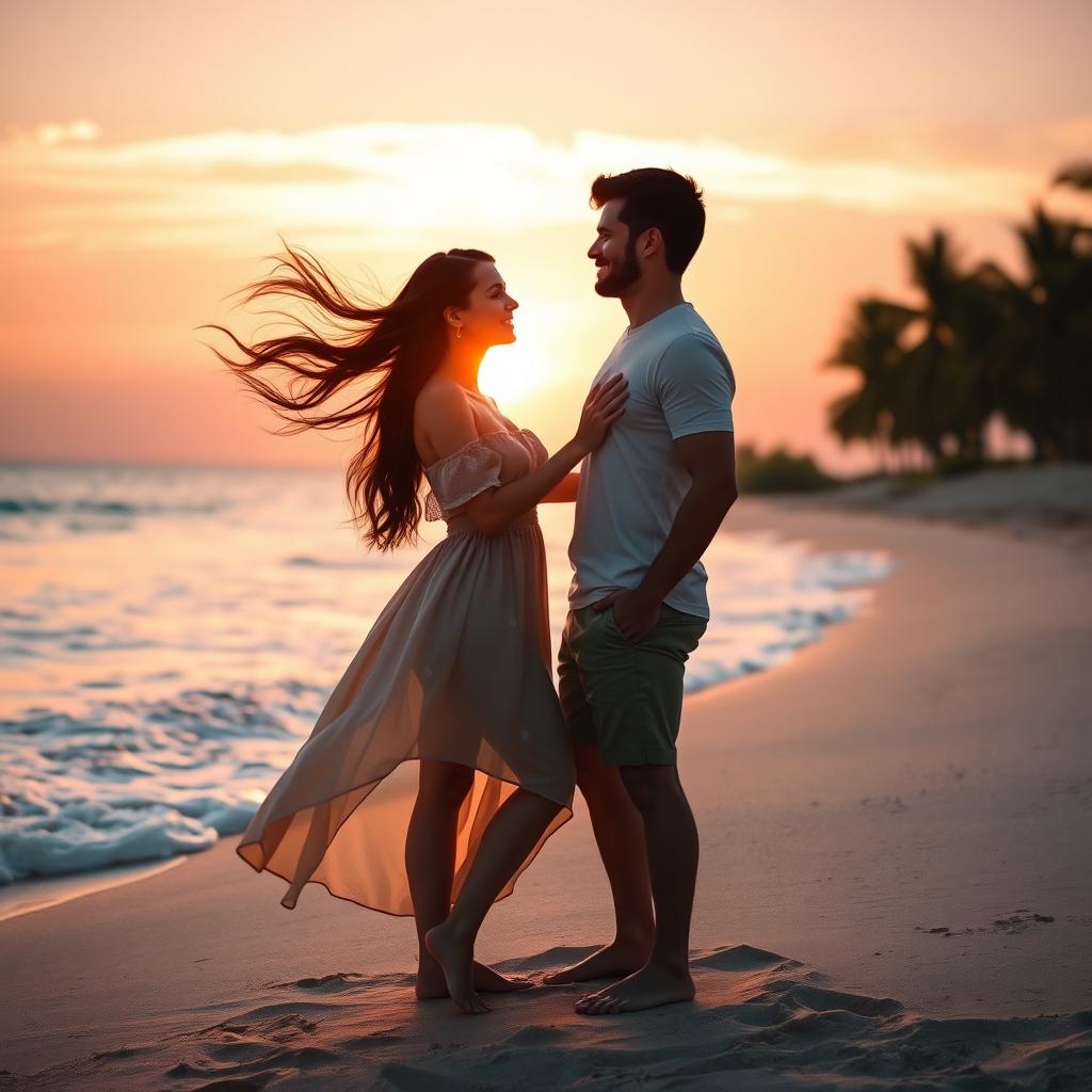 A romantic scene depicting a couple embracing on a beautiful beach during sunset