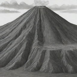 A detailed, black and white sketch of a composite volcano showing distinct stratified layers.