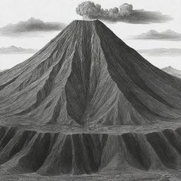 A detailed, black and white sketch of a composite volcano showing distinct stratified layers.