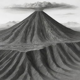 A detailed, black and white sketch of a composite volcano showing distinct stratified layers.