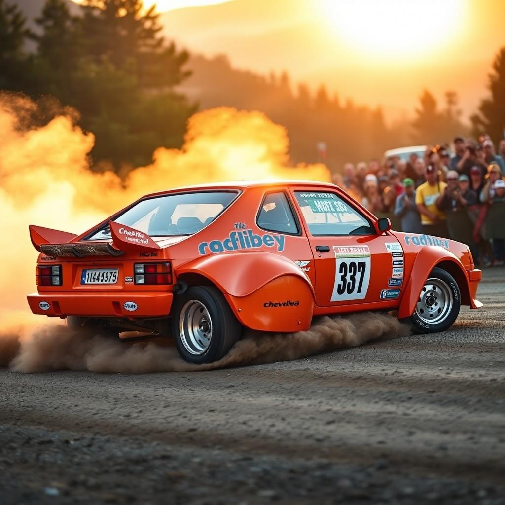 A bright orange Chevy Chevette transformed into a rally car, featuring a durable and aggressive body kit, with oversized mud flaps and a powerful rear spoiler