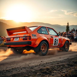 A bright orange Chevy Chevette transformed into a rally car, featuring a durable and aggressive body kit, with oversized mud flaps and a powerful rear spoiler