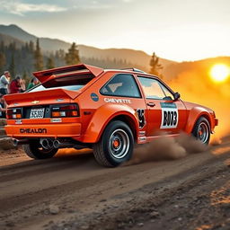 A bright orange Chevy Chevette transformed into a rally car, featuring a durable and aggressive body kit, with oversized mud flaps and a powerful rear spoiler