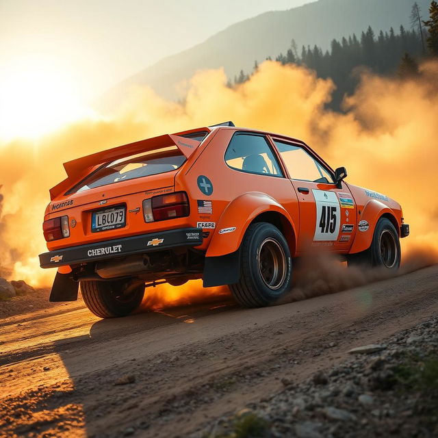 A bright orange Chevy Chevette transformed into a rally car, featuring a durable and aggressive body kit, with oversized mud flaps and a powerful rear spoiler