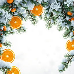 A beautiful, fluffy pine branch framing the wallpaper, adorned with medium-sized snowflakes and slices of orange, all in a realistic and high-quality style