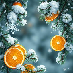 A beautiful, fluffy pine branch framing the wallpaper, adorned with medium-sized snowflakes and slices of orange, all in a realistic and high-quality style