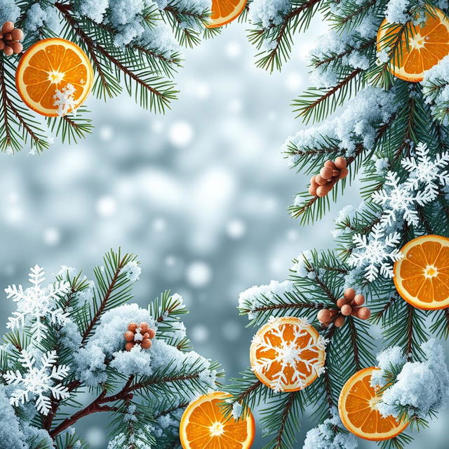 A beautiful, fluffy pine branch framing the wallpaper, adorned with medium-sized snowflakes and slices of orange, all in a realistic and high-quality style