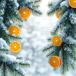 A beautiful, fluffy pine branch framing the wallpaper, adorned with medium-sized snowflakes and slices of orange, all in a realistic and high-quality style