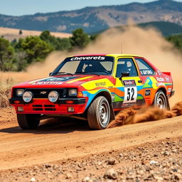 A vibrant and dynamic Chevy Chevette rally car racing through a rugged dirt track
