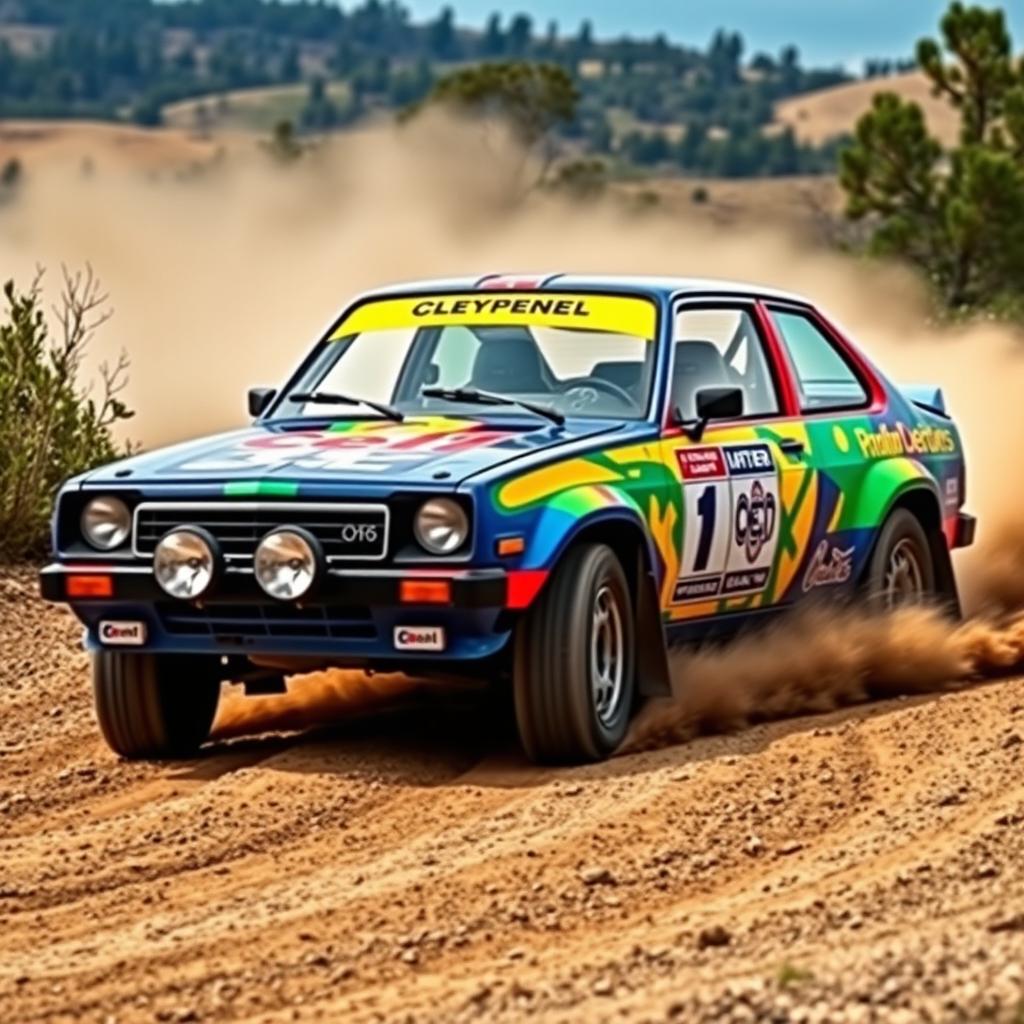 A vibrant and dynamic Chevy Chevette rally car racing through a rugged dirt track