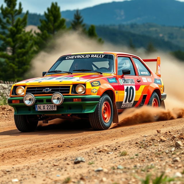 A vibrant and dynamic Chevy Chevette rally car racing through a rugged dirt track