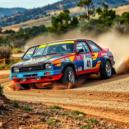 A vibrant and dynamic Chevy Chevette rally car racing through a rugged dirt track