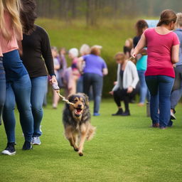 A playful dog running behind people, carrying a bone in its mouth