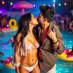 A sensual woman named Nushrat Bharucha, confidently wearing a stylish bikini bottom at a vibrant pool party