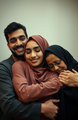 A handsome man smiling, holding a beautiful Muslim woman in an affectionate embrace