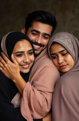 A handsome man smiling, holding a beautiful Muslim woman in an affectionate embrace
