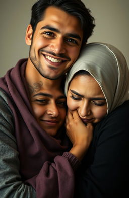 A handsome man smiling, holding a beautiful Muslim woman in an affectionate embrace