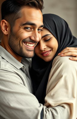 A handsome man smiling, holding a beautiful Muslim woman in an affectionate embrace