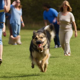 A playful dog running behind people, carrying a bone in its mouth