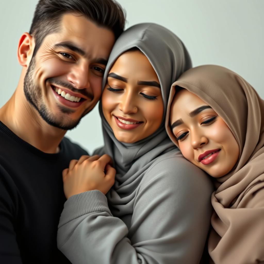 A handsome man smiling, his hand gently holding a beautiful Muslim woman