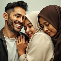 A handsome man smiling, his hand gently holding a beautiful Muslim woman