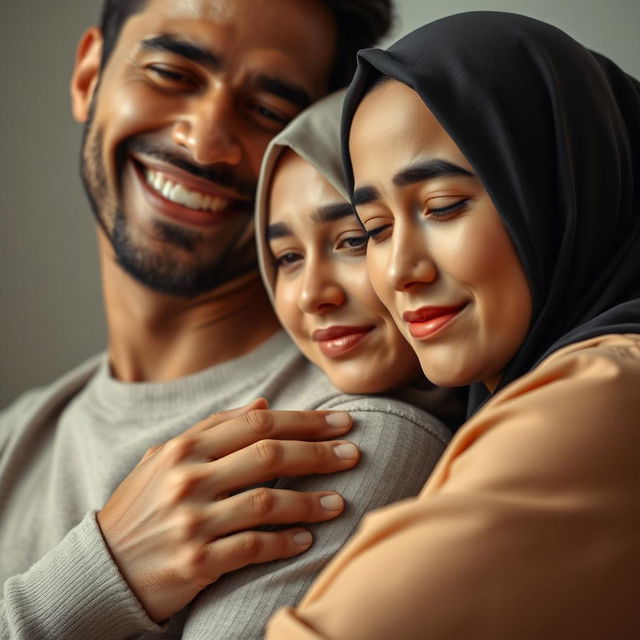 A handsome man smiling, his hand gently holding a beautiful Muslim woman