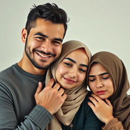A handsome man smiling, his hand gently holding a beautiful Muslim woman