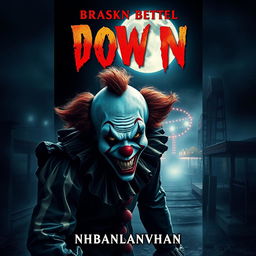A chilling book cover for a horror novel featuring a sinister clown with a menacing grin, lurking in the shadows of a dark, abandoned carnival