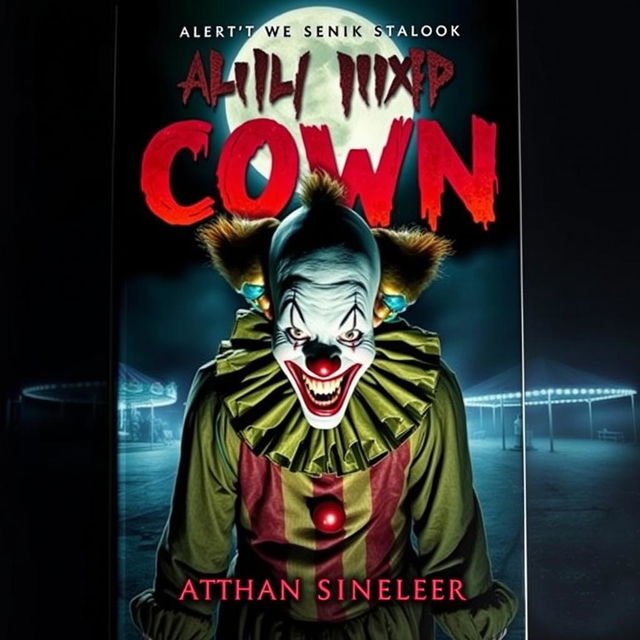 A chilling book cover for a horror novel featuring a sinister clown with a menacing grin, lurking in the shadows of a dark, abandoned carnival