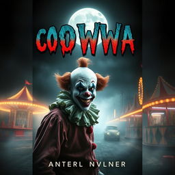 A chilling book cover for a horror novel featuring a sinister clown with a menacing grin, lurking in the shadows of a dark, abandoned carnival