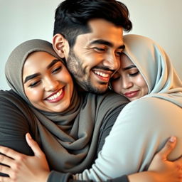 A handsome man with a warm smile holding a beautiful Muslim woman closely, radiating joy and affection