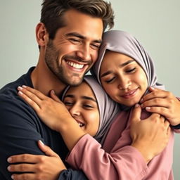A handsome man with a warm smile holding a beautiful Muslim woman closely, radiating joy and affection
