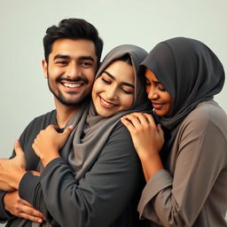 A handsome man with a warm smile holding a beautiful Muslim woman closely, radiating joy and affection