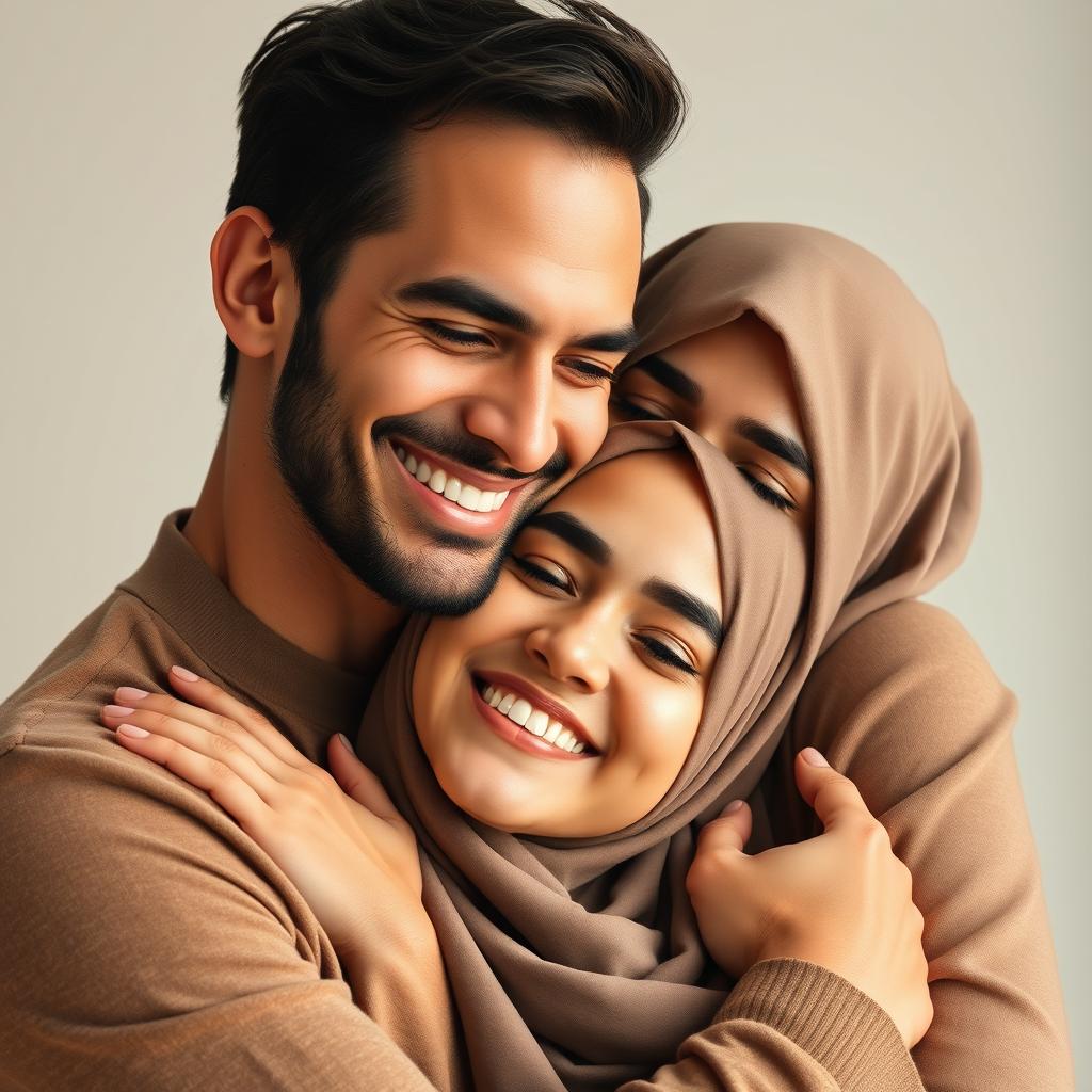 A handsome man with a warm smile holding a beautiful Muslim woman closely, radiating joy and affection