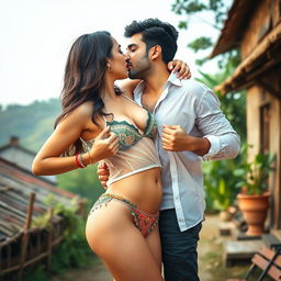 A sensual woman named Nushrat Bharucha, confidently wearing a stylish bikini bottom in a picturesque village setting