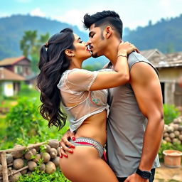 A sensual woman named Nushrat Bharucha, confidently wearing a stylish bikini bottom in a picturesque village setting