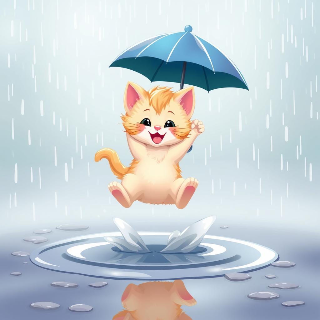 A cartoon-style cheerful kitten jumping over a puddle in the rain, holding an umbrella in one paw